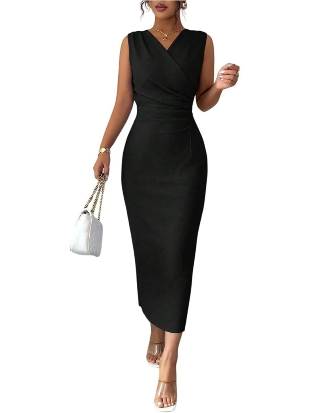 Women's Wrap V Neck Party Dresses Back Slit Sleeveless Bodycon Cocktail Dress